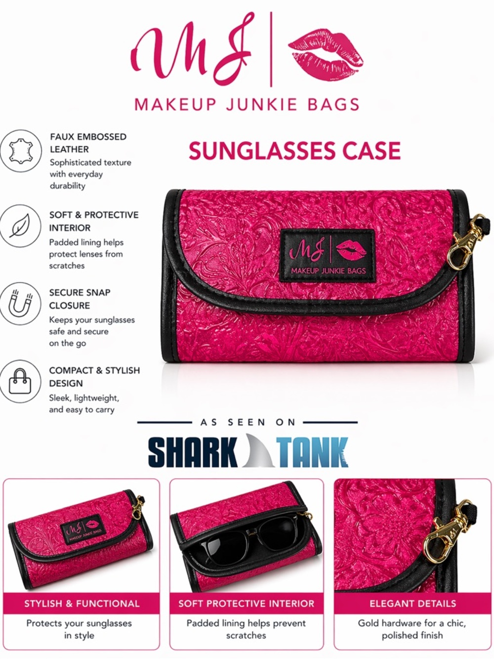 MJ Makeup Junkie Dream Pink Embossed Faux Leather Sunglasses Case
